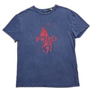 Polo Ralph Lauren Blue Red Logo Big Horse T-Shirt Classic Fit Crewneck‎ Mens S